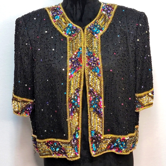 Embellished Black Jacket with Gold and Multicolor Accents Size L. #795 - Picture 1 of 5